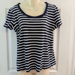 Lauren Ralph Lauren Scoop Neck Striped Short Sleeve Top Size XL Navy Blue White